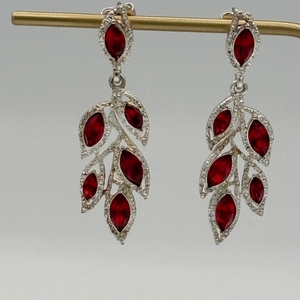 Drop Earrings Red Silver Tone Leaf Botanical Marquise Dangle